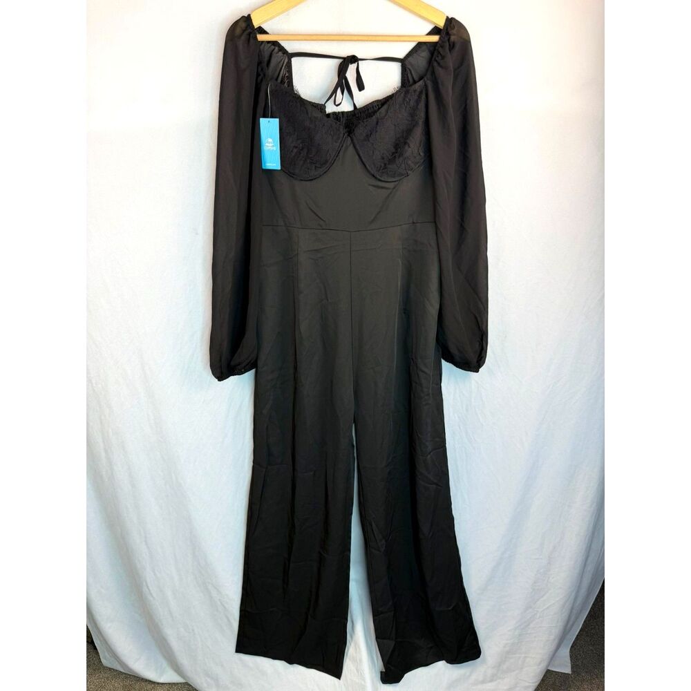 Cupshe NWT Black Lace Trim Diamond Neck Wide Leg Jumpsuit Size L